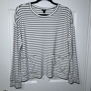 Ann Taylor Shirt Women's XL White Black Stripe Long Sleeve Jersey Top Pockets